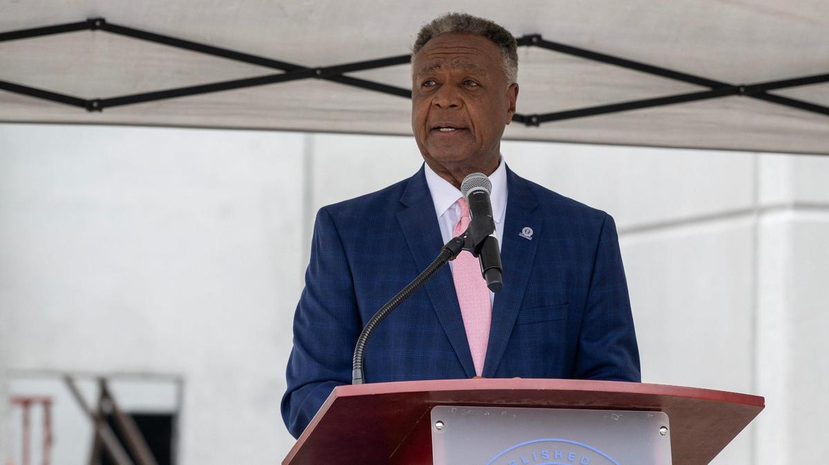 Jackson County Executive Frank White speaks during the topping out ceremony for the county’s new detention center on Thursday, Jan. 30, in Kansas City.