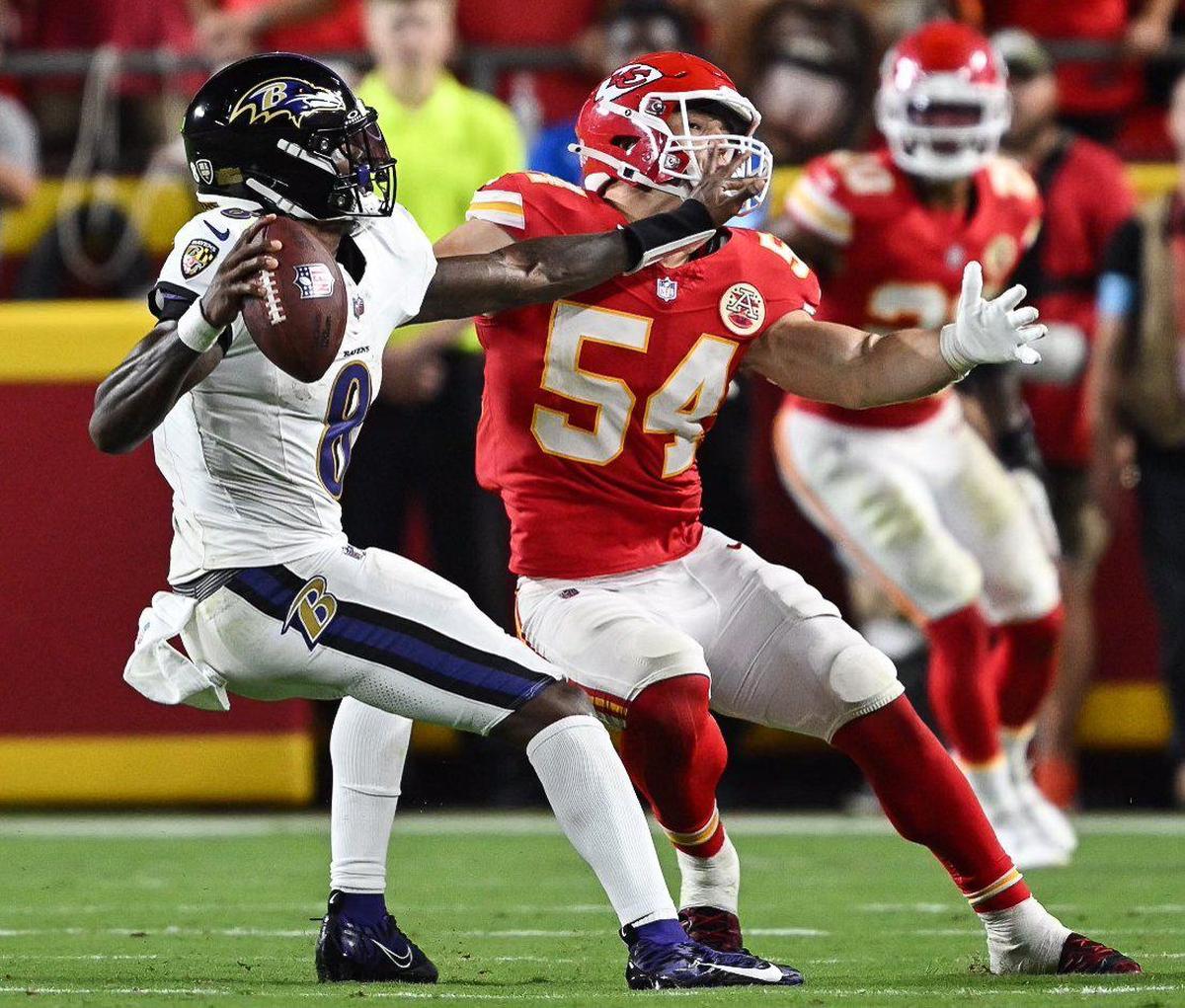 Kansas City Chiefs linebacker Leo Chenal pressures Baltimore Ravens quarterback Lamar Jackson in the second half Thursday, Sept. 5, 2024, at GEHA Field at Arrowhead Stadium.