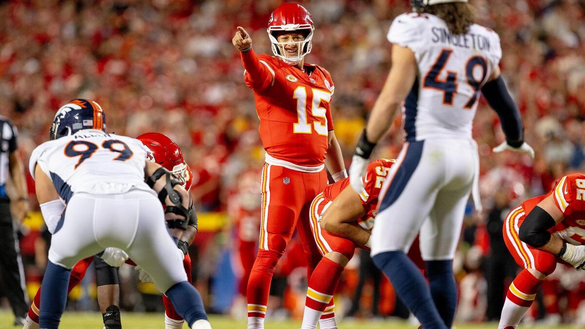 Kansas City Chiefs quarterback Patrick Mahomes (15) shouts to his teammates during an NFL football game against the Denver Broncos at GEHA Field at Arrowhead Stadium on Thursday, Oct. 12, 2023, in Kansas City.