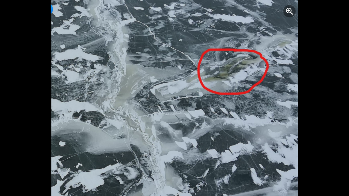 Using a drone, the Fond du Lac Sheriff’s Office flew over Lake Winnebago. The spot circled in red is where the pickup truck broke through the ice.