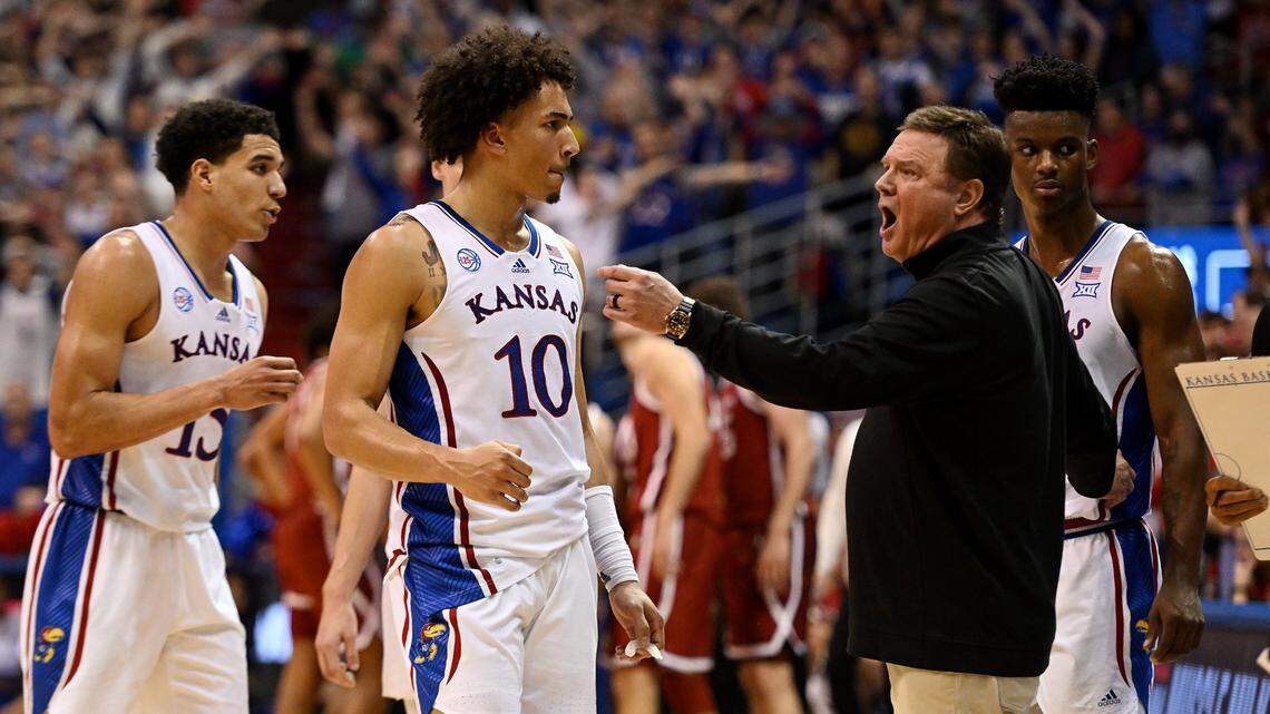 Kansas coach Bill Self gathers up his five on the floor to get organized late in the second half of a Big 12 Conference game vs. Oklahoma at Allen Fieldhouse.