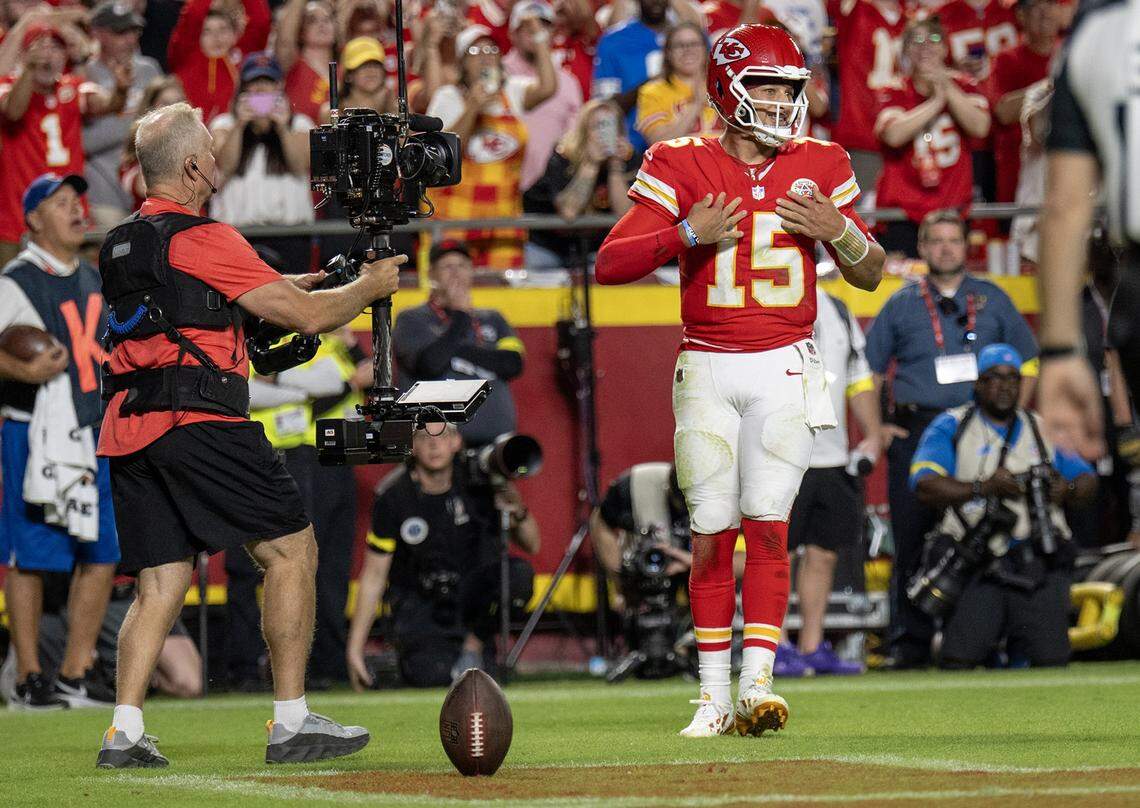 Kansas City Chiefs quarterback Patrick Mahomes (15) after a 10-yard run that was called back against the Detroit Lions at GEHA Field at Arrowhead Stadium in the first half on Sunday, October 12, 2025, in Kansas City.