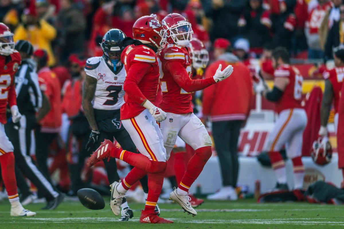 Kansas City Chiefs cornerback Trent McDuffie (22) celebrates an interception during the second quarter of an NFL game against the Houston Texans on Saturday, Dec. 21, 2024, at GEHA Field at Arrowhead Stadium.