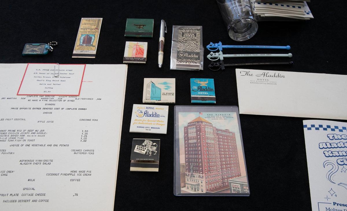 Original artifacts from the Aladdin Hotel in downtown Kansas City. The hotel, opened in 1925 and closed in 2022, is being converted into apartments and is scheduled to open in the Spring of 2026.