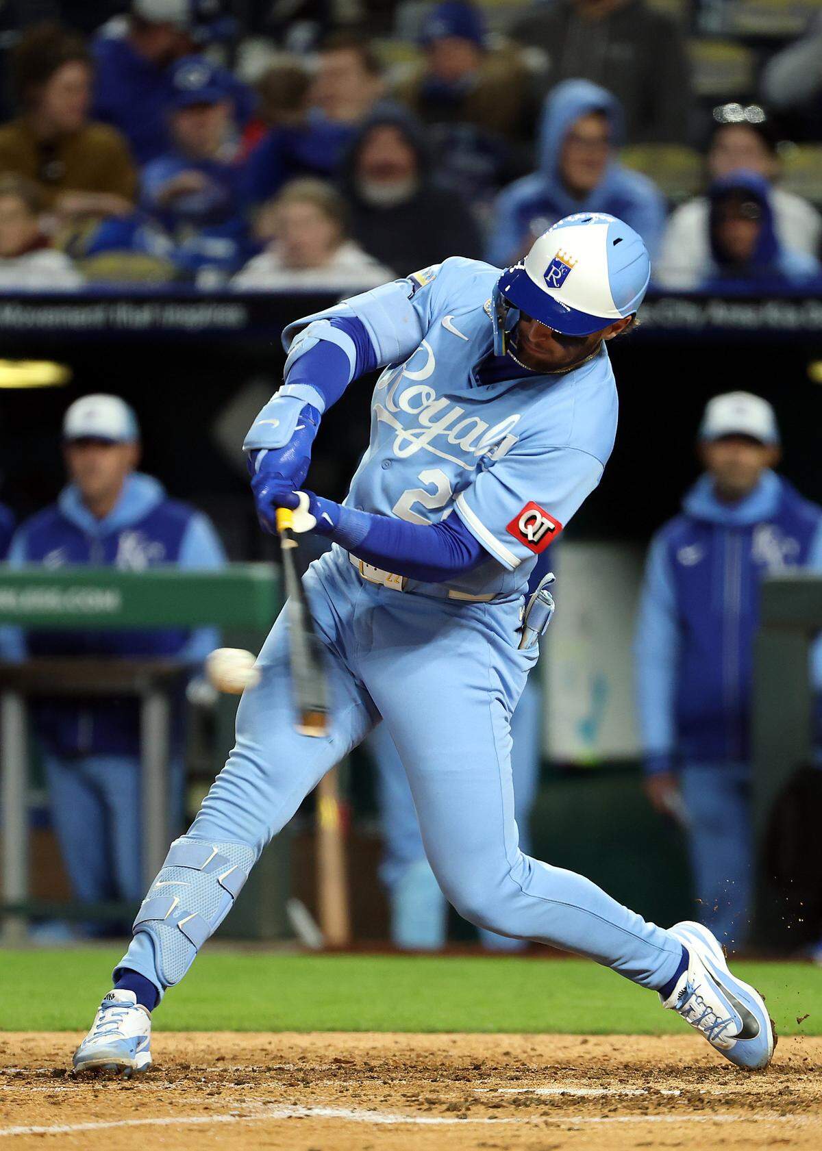 Royals catcher Carter Jensen connects for a hit during a doubleheader nightcap against the Milwaukee Brewers at Kauffman Stadium in Kansas City on Saturday, April 4, 2026.