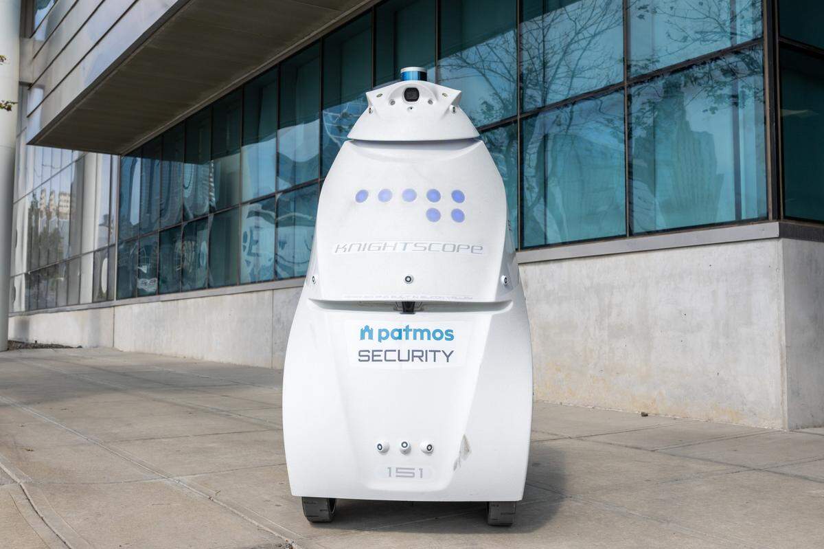 A security robot named Lance patrols outside Patmos' headquarters at the former Kansas City Star building on Wednesday, Sept. 10, 2025, in Kansas City. Lance is part of Patmos' efforts to enhance safety downtown.