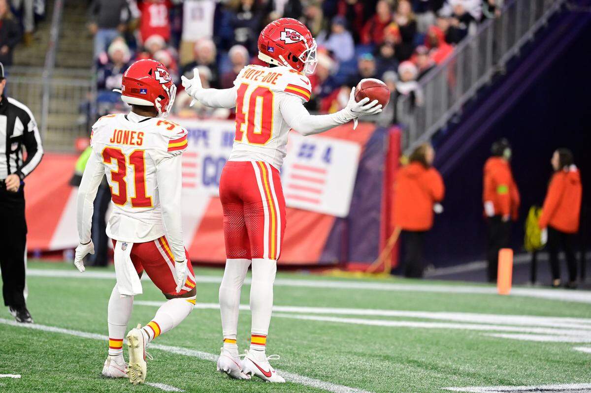 Chiefs cornerback Ekow Boye-Doe celebrates a bit after downing a Tommy Townsend punt just short of the goal line during Sunday’s game against the New England Patriots at Gillette Stadium in Foxborough, Mass.