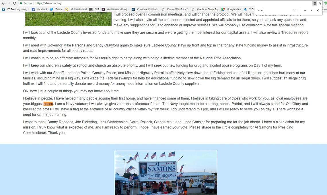 A visit to Al Samons’ candidate website Saturday, Aug. 4, 2018, showed a typo identical to one printed in an ad in The Laclede County Record.