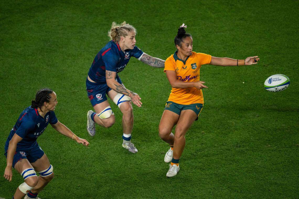 An Australian player pitches the ball backwards in the second half of the Pacific Four Series rugby match of USA vs. Australia on Friday, April 17, 2026, at CPKC Stadium. Team USA won 33-12.