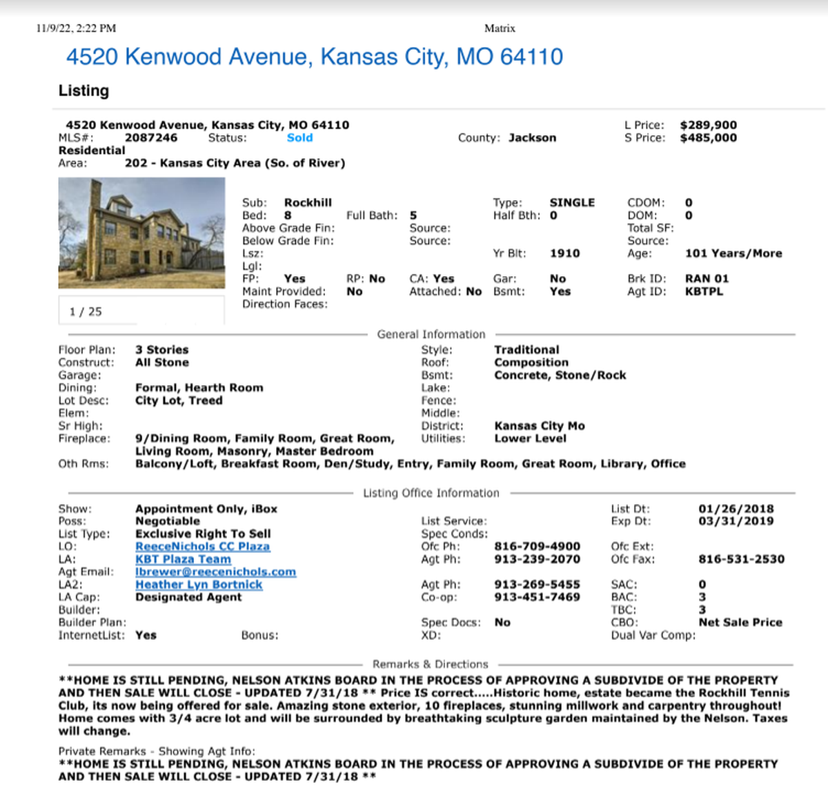 The original MLS real estate sales listing for Rockhill Tennis Club at 4520 Kenwood Ave., says, “Home comes with 3/4 acre lot and will be surrounded by breathtaking sculpture garden maintained by the Nelson.”