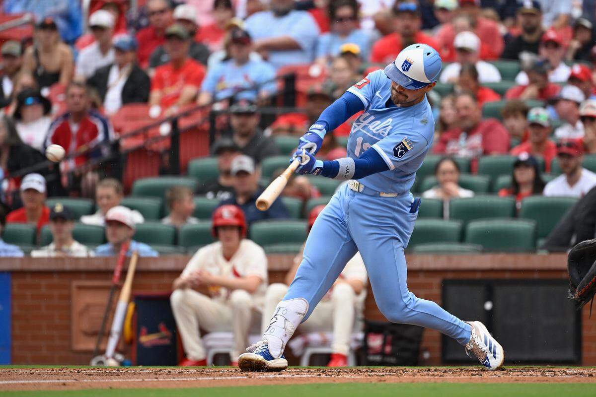 Royals second baseman Michael Massey singles against the Cardinals during the second inning of a game at Busch Stadium in St. Louis on Saturday, May 16, 2026.
