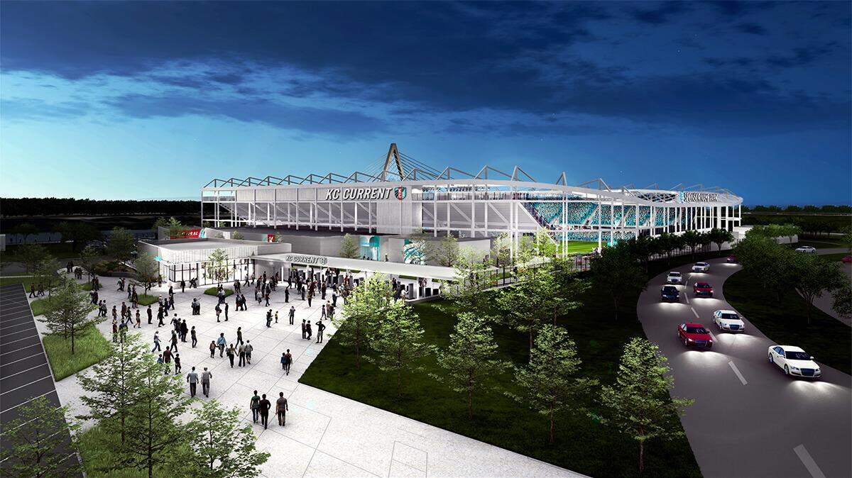This rendering depicts the new stadium that the Kansas City Current soccer team is building along the Missouri River waterfront near downtown KC.