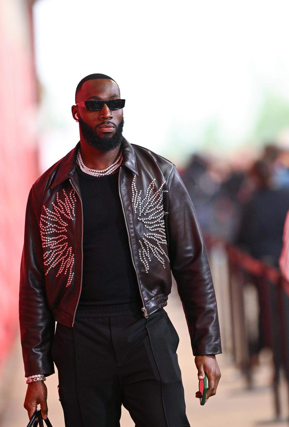 Kansas City Chiefs defensive end Charles Omenihu arrives before the Chiefs' game with the Washington Commanders on Monday, Oct. 27, 2025, at GEHA Field at Arrowhead Stadium.