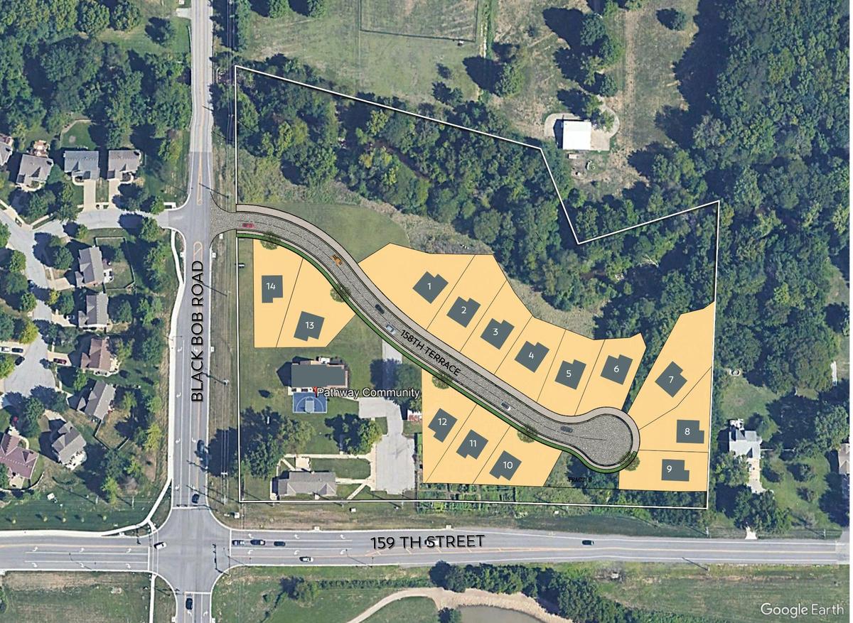 A rendering shows 14 affordable, single-family homes proposed by Habitat for Humanity of Kansas City and Pathways Community Church on the northeast corner of 159th Street and Black Bob Road in Olathe.