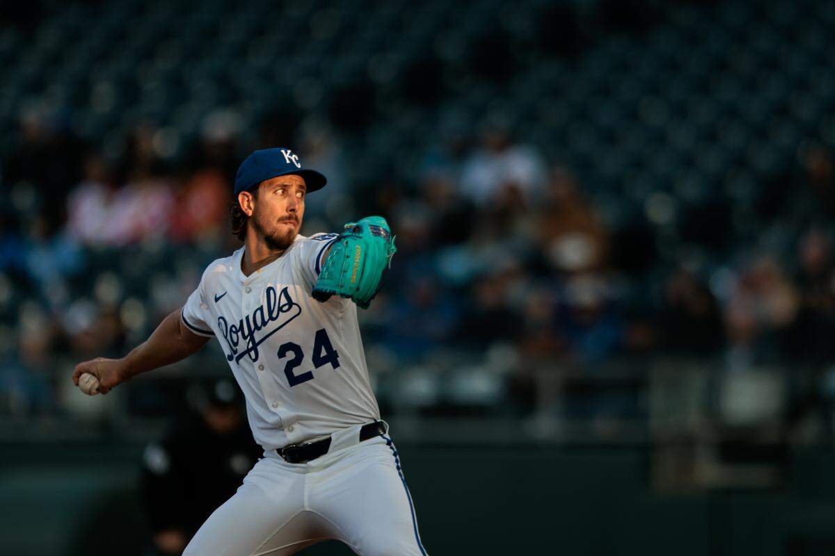 Royals right-handed starter Michael Lorenzen pitches to the Minnesota Twins during a Monday, April 7, 2025 Major League Baseball game at Kauffman Stadium in Kansas City.