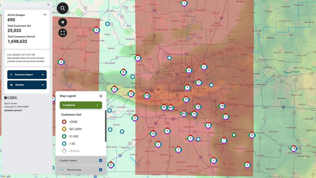 More than 20,000 customers in the Kansas City metro woke up without power after strong thunderstorms rumbled through the metro. Evergy’s outage map showed that about 19,700 customers were without electricity as of 6:45 a.m. Thursday morning.