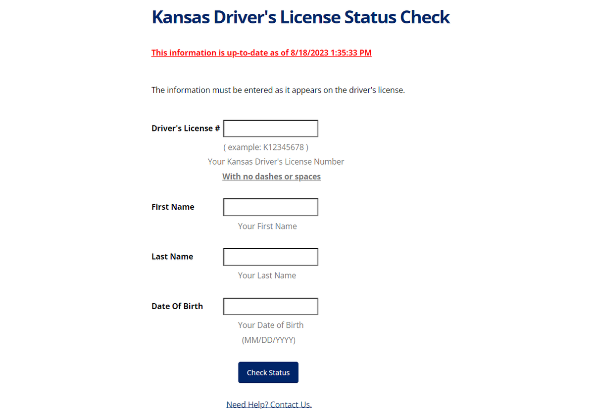 This webpage on the Kansas Department of Revenue’s website allows anyone to look up the status of a driver’s license.