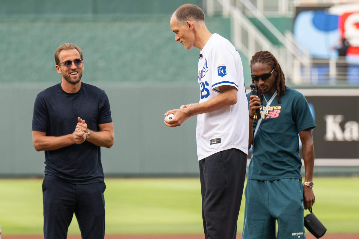 England national soccer team manager Thomas Tuchel prepares to throw out the first pitch before the Royals’ game against the St. Louis Cardinals at Kauffman Stadium in Kansas City on Thursday, June 18, 2026.
