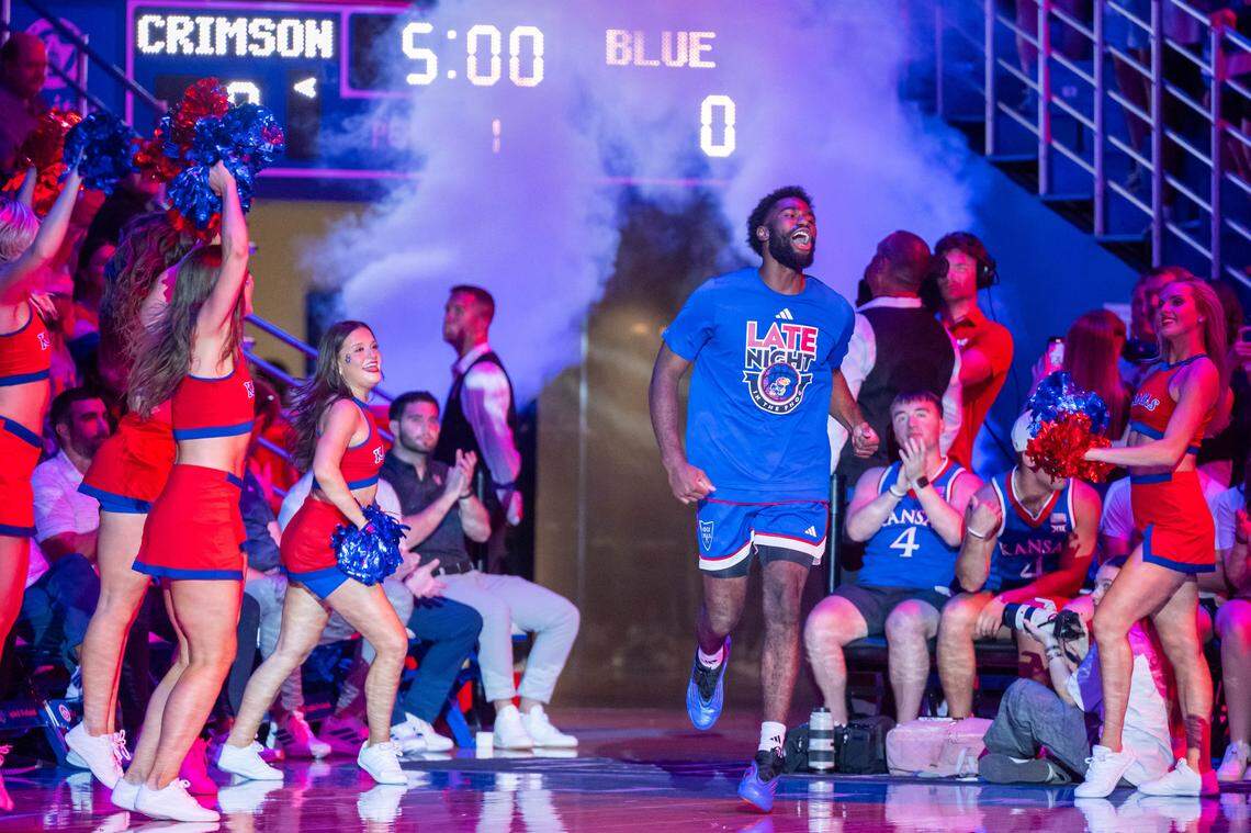Kansas Jayhawks guard Corbin Allen runs out during introductions at Late Night in the Phog, on Friday, October 17, 2025, in Lawrence.