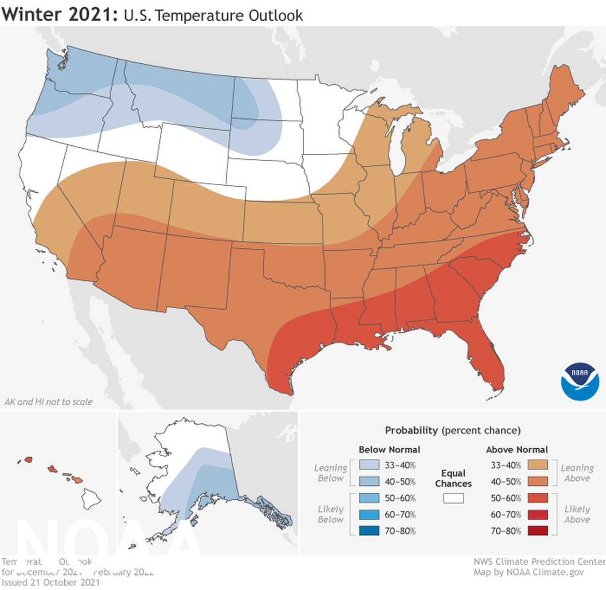 This U.S. Winter Outlook 2021-2022 map for temperature shows warmer-than-average conditions across the South and most of the eastern U.S., while below average temperatures are favored for southeast Alaska and the Pacific Northwest eastward to the Northern Plains