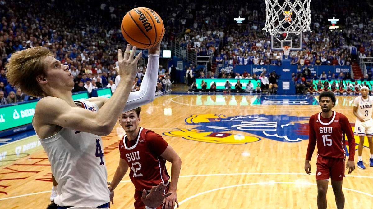 Kansas guard Gradey Dick shoots during the first half of a game against Southern Utah on Nov. 18, 2022, in Lawrence, Kan.