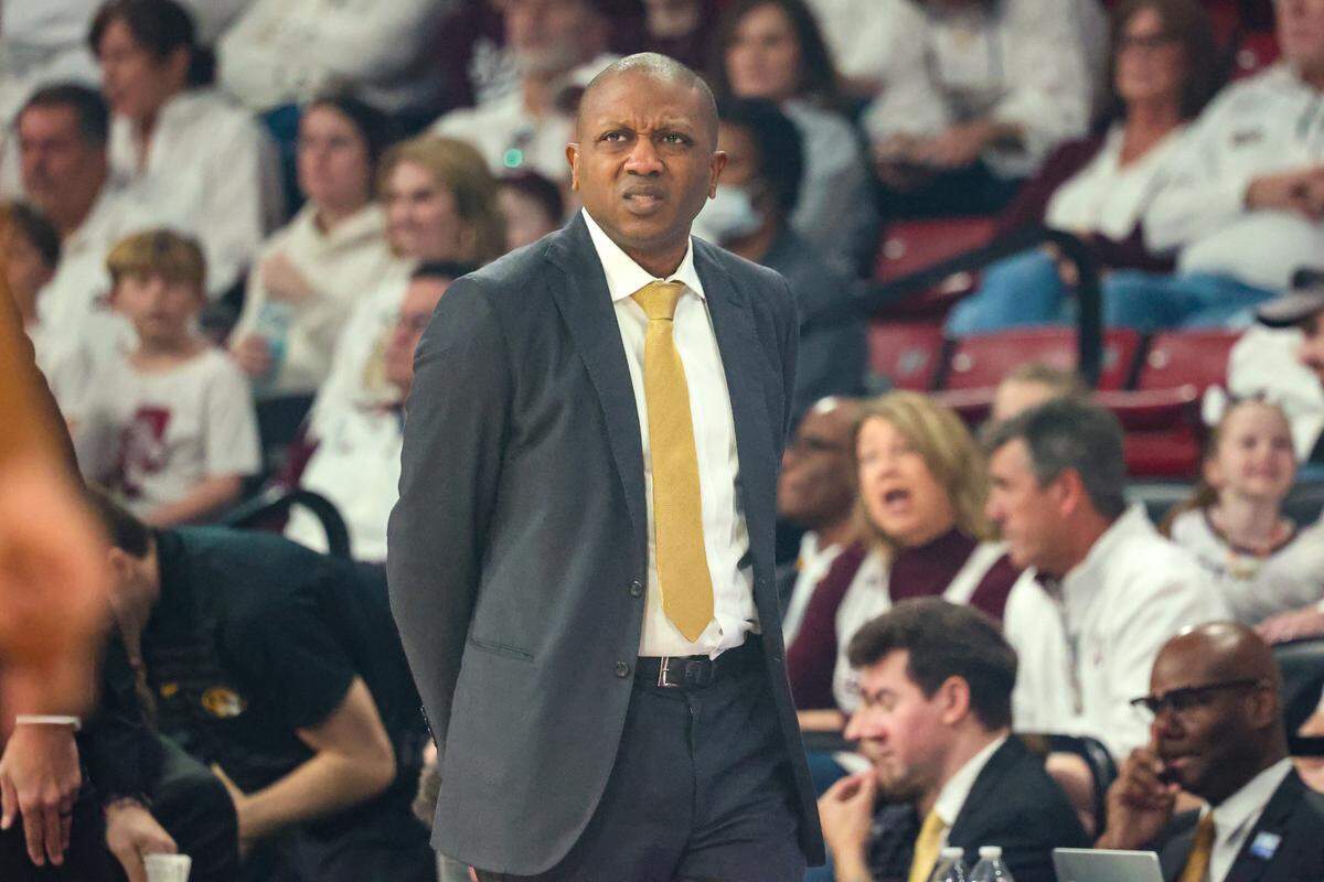 Missouri Tigers men’s basketball coach Dennis Gates has his game-face on against the Mississippi State Bulldogs at Humphrey Coliseum in Starkville, Mississippi on Saturday, Feb. 1, 2025.