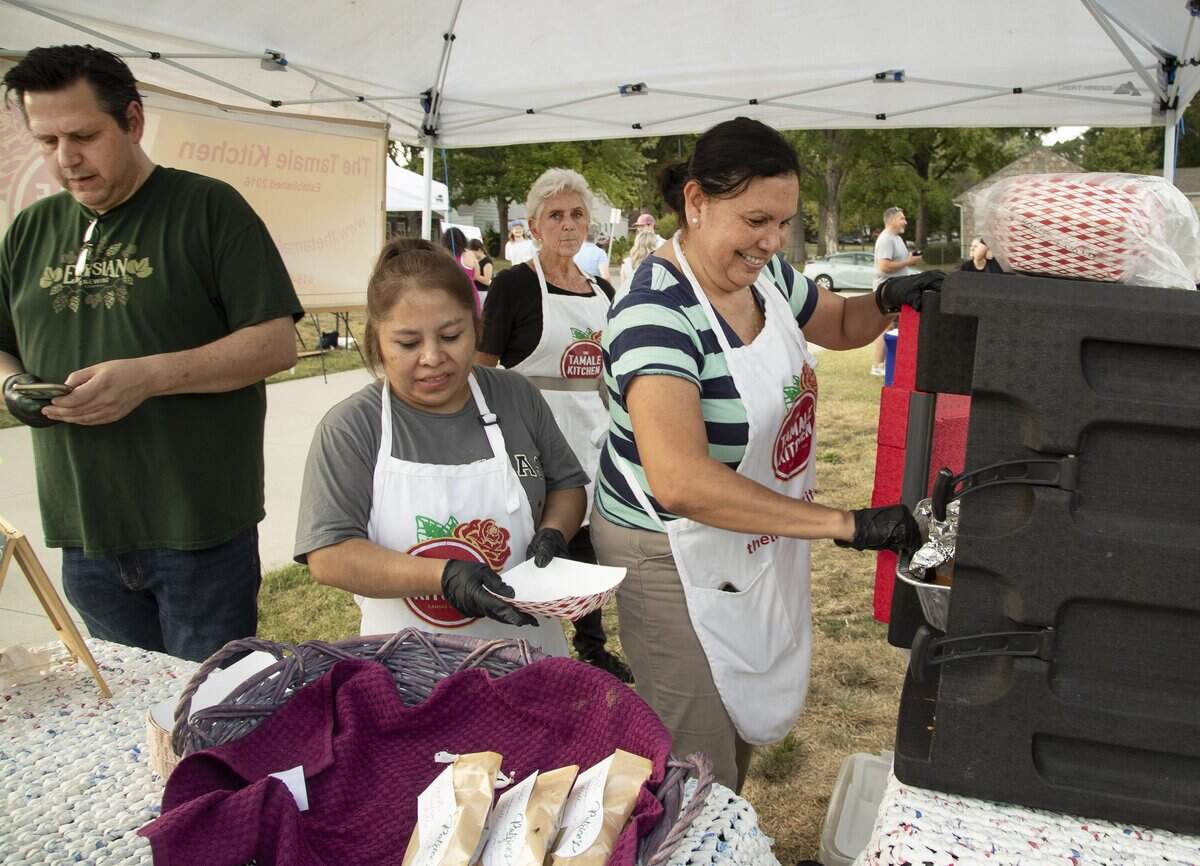 The Tamale Kitchen staff, Michael Derting (left) director of operations, Becky Gripp, founder, Maria Quijano, lead cook , and Maria del Carmen Reyes Aquirre, kitchen manager prepared tamales Saturday September 13, 2025 at The third annual Fiesta Roeland Park at R Park, 5535 Jupiter Dr.. The Fiesta was put on by Neighbors for Roeland Park .