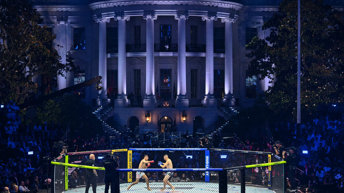 Brazil's Diego Lopes and America's Steve Garcia fight in the featherweight bout during the "UFC Freedom 250" mixed martial arts event on the South Lawn of the White House in Washington, DC, June 14, 2026.