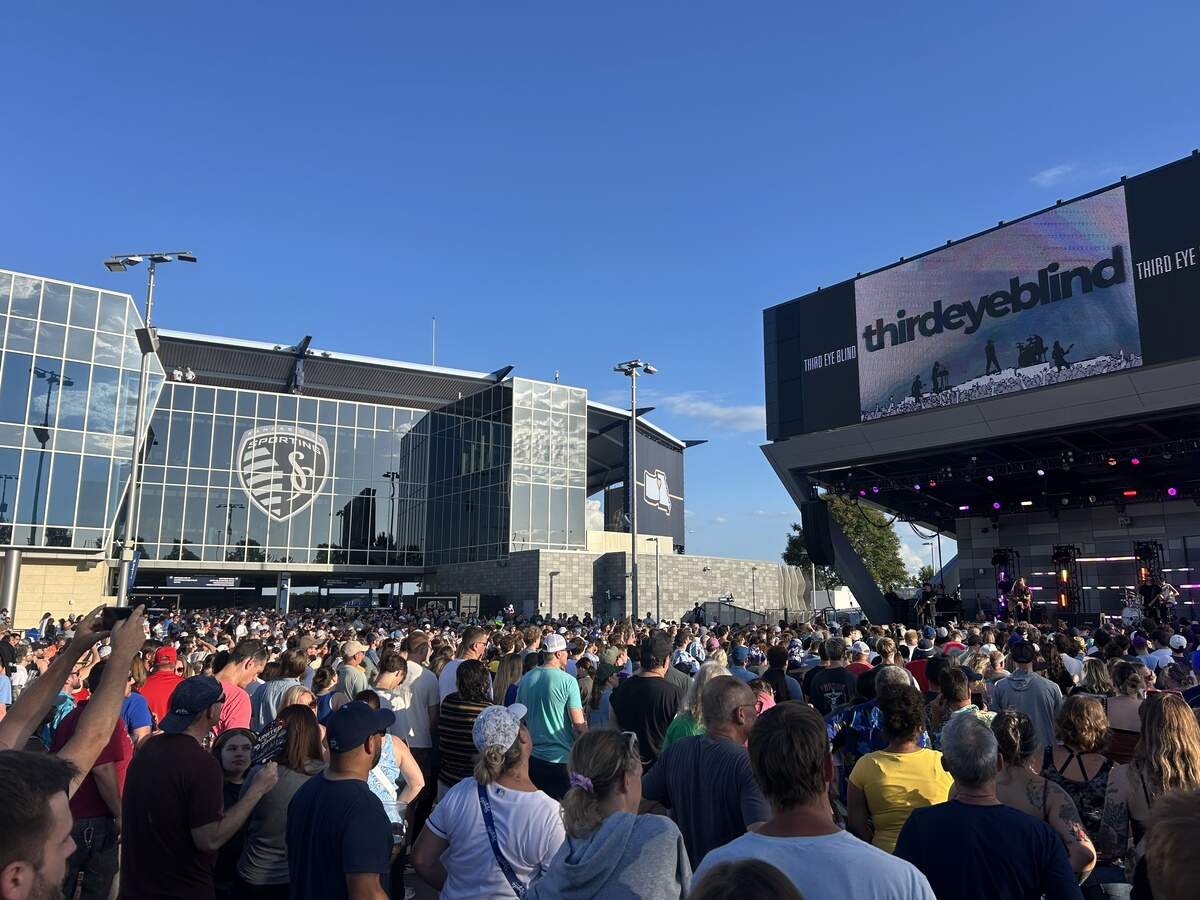 Fans, both from the England vs. France World Cup watch party immediately prior and specifically for the band, fill Sporting Plaza to watch Third Eye Blind perform on Saturday, July 18, 2026.