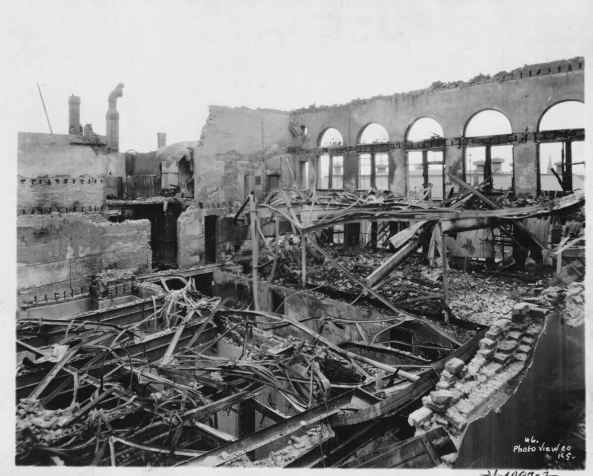 The demolished interior of the Kansas City Convention Hall following the 1900 fire.