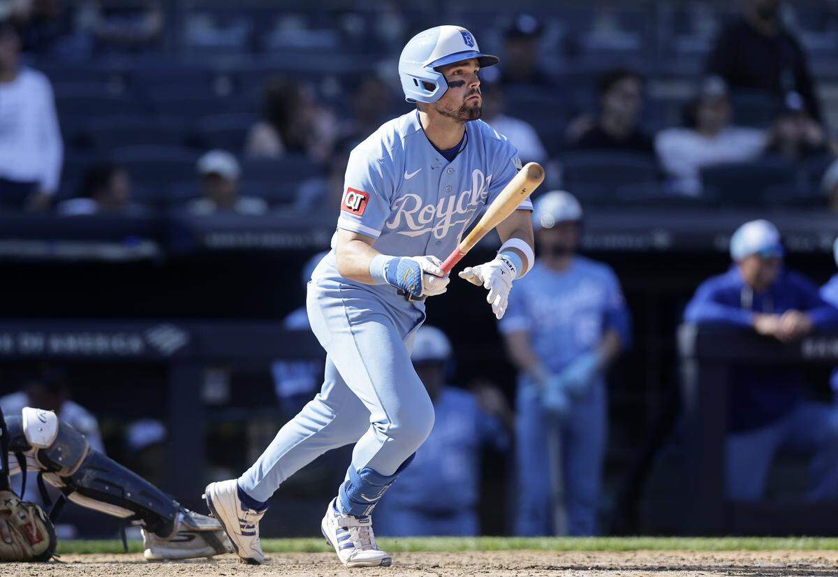 Michael Massey #19 of the Kansas City Royals follows through on his ninth inning two-run double against the New York Yankees at Yankee Stadium on April 18, 2026 in New York City.