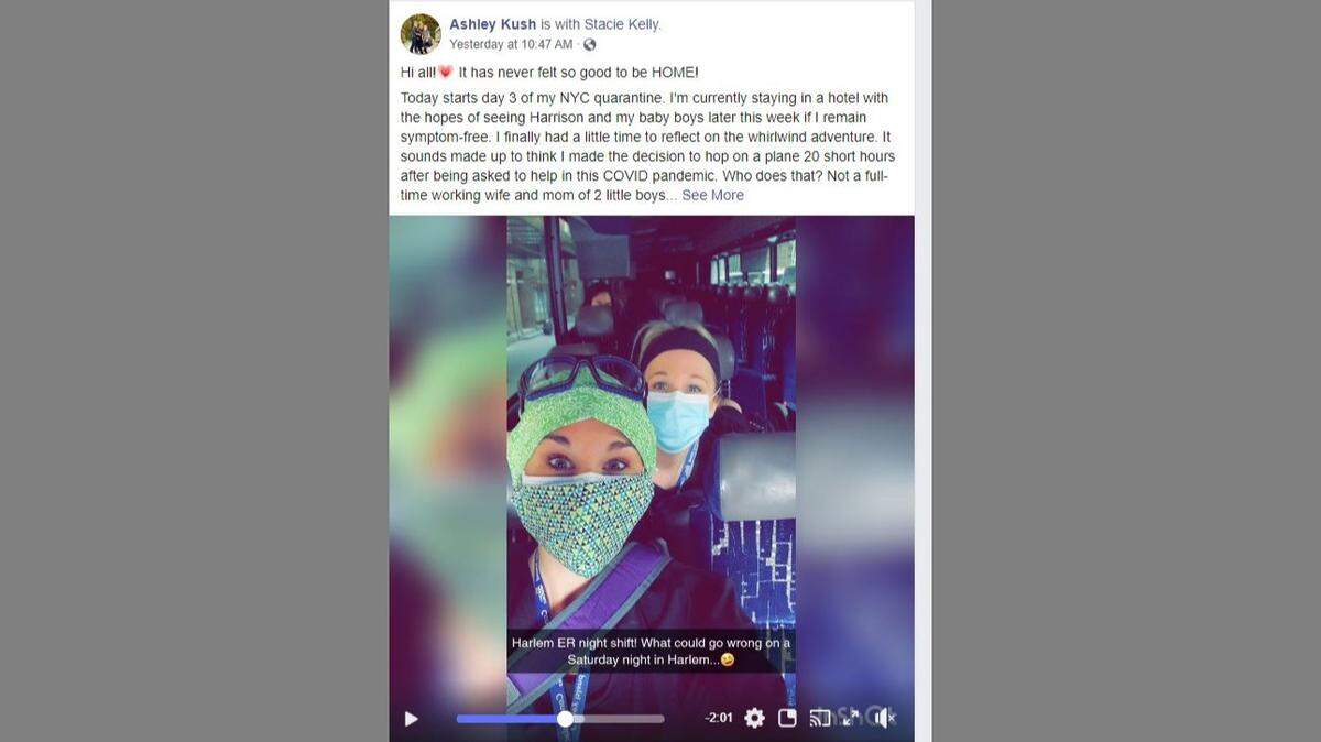 Ashley Kush, a nurse from Louisburg, in Miami County, left on April 3 with her best friend, nurse Stacie Kelly, to work in New York on the front lines of the COVID-19 epidemic. She's back in Kansas and in quarantine.