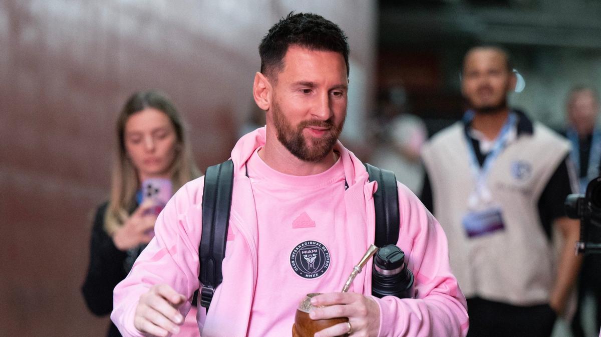 Inter Miami forward Lionel Messi (10) walks down to the locker room for a match with Sporting Kansas City at GEHA Field at Arrowhead Stadium on Saturday, April 13, 2024, in Kansas City.