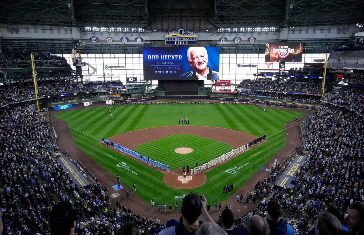 The Brewers honored former longtime Major League Baseball player and broadcaster Bob Uecker before the first pitch of their home opener against the visiting Kansas City Royals at American Family Field in Milwaukee, Wisconsin, on Monday, March 31, 2025.