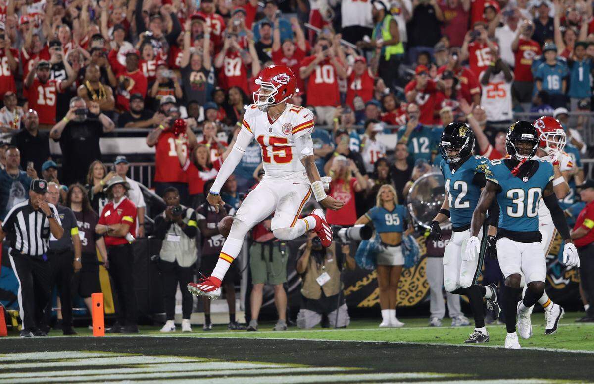 Kansas City Chiefs quarterback Patrick Mahomes celebrates a touchdown during an NFL game against the Jaguars at EverBank Stadium in Jacksonville, Florida, on Monday, Oct. 6, 2025.