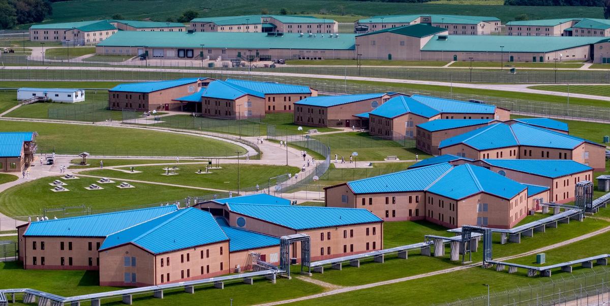 Aerial view of the Western Missouri Correctional Center, foreground, and the Crossroads Correctional Center, rear.