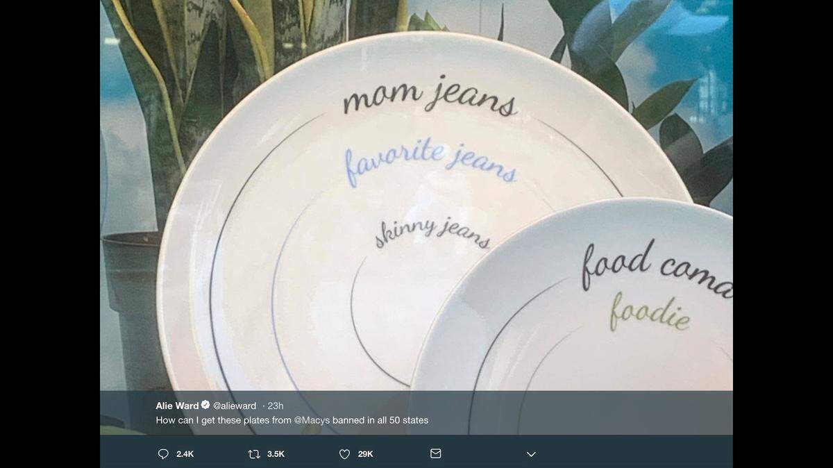 Macy's has removed plates 
 with portion labels such as "mom jeans" and "skinny jeans" after Alie Ward, a science correspondent for CBS, criticized the company. Screengrab from Alie Ward.