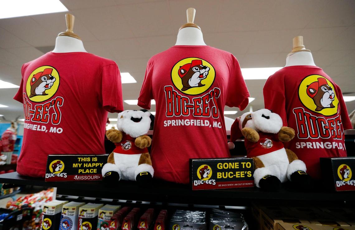 Missouri-themed Buc-ee’s shirts and signs for sale at the Springfield store. The Texas chain was founded in 1982.