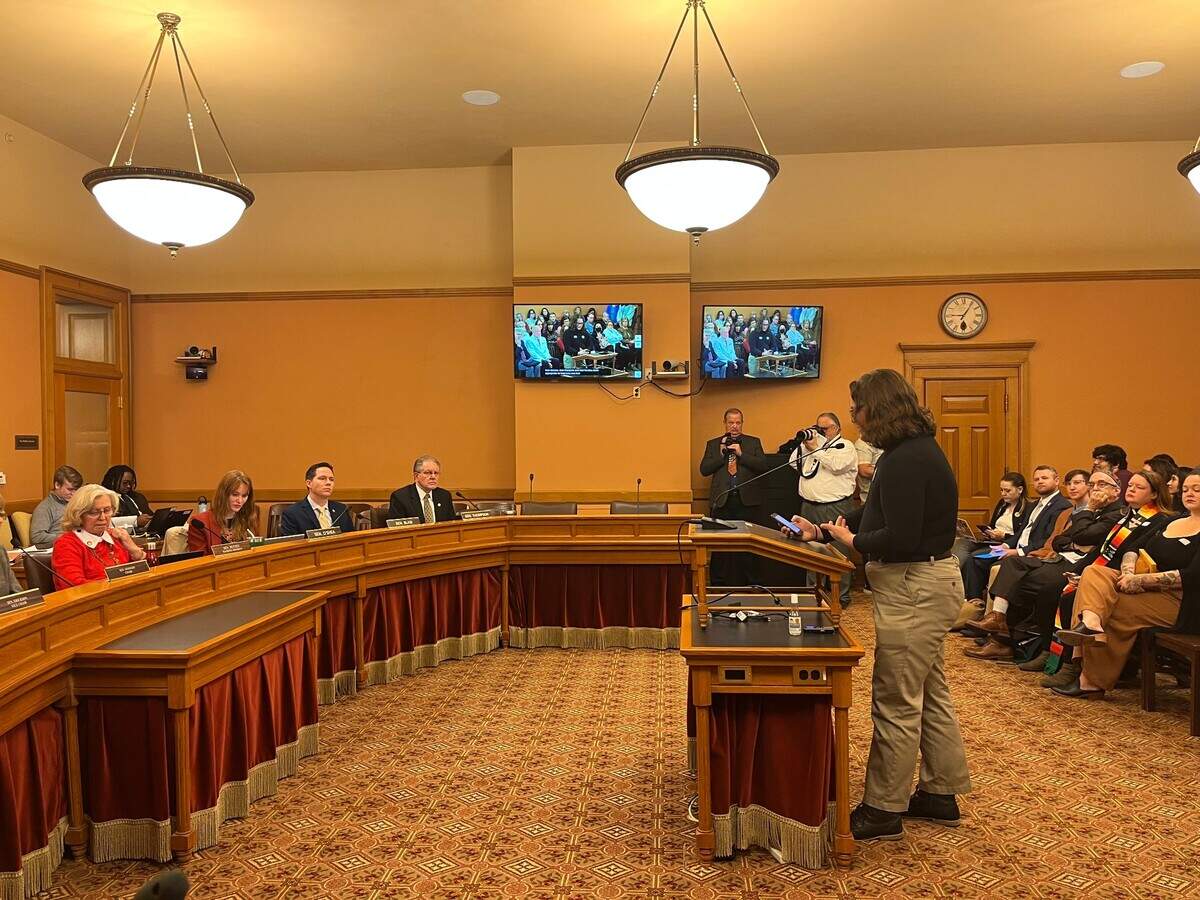 Adam Kellogg, a 19-year-old transgender man, testifies against a Kansas bill banning gender affirming care.