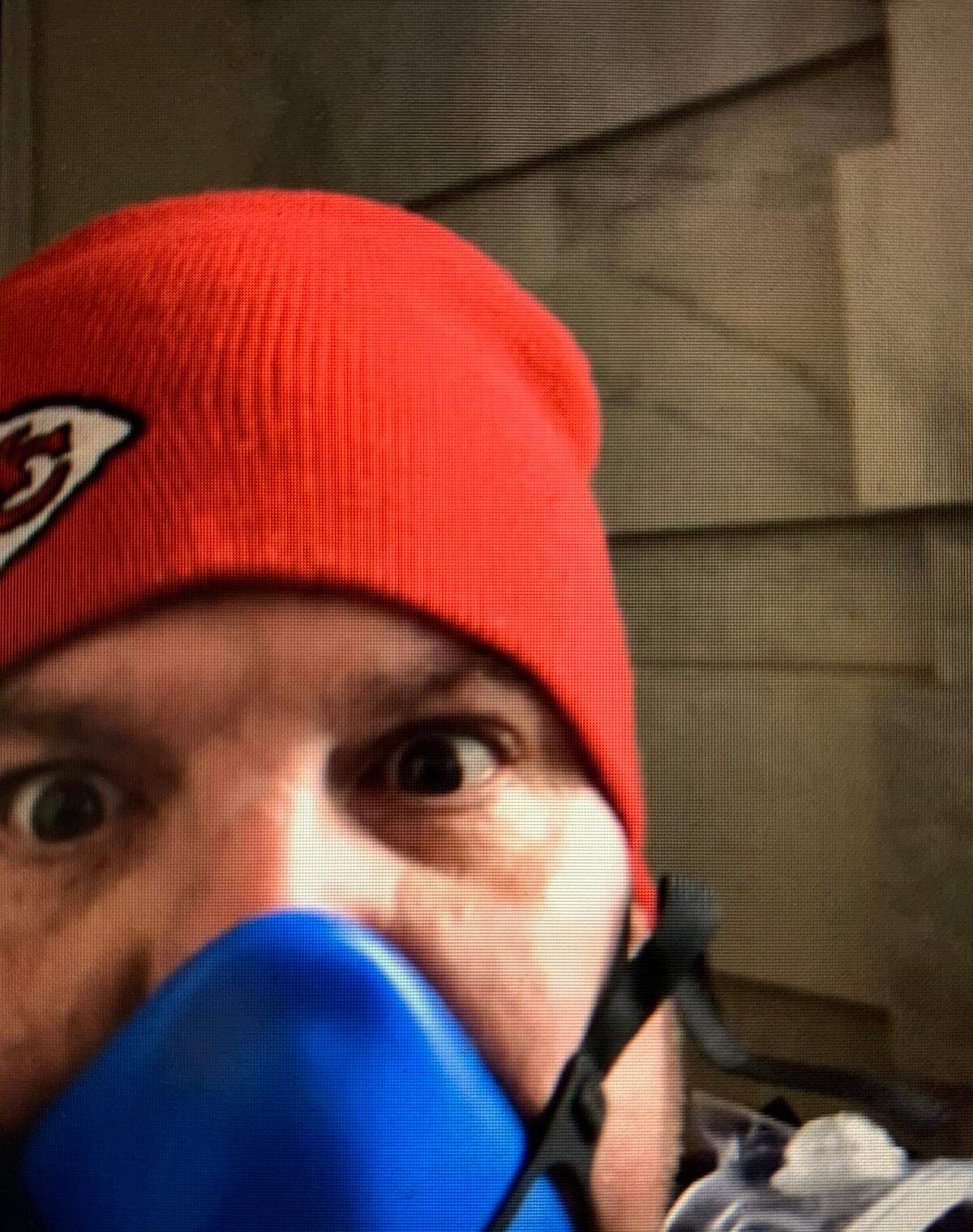 A screen capture of Carey Walden’s self-identified video shows the breathing apparatus he was wearing prior to entering the U.S. Capitol building on Jan. 6, 2021.