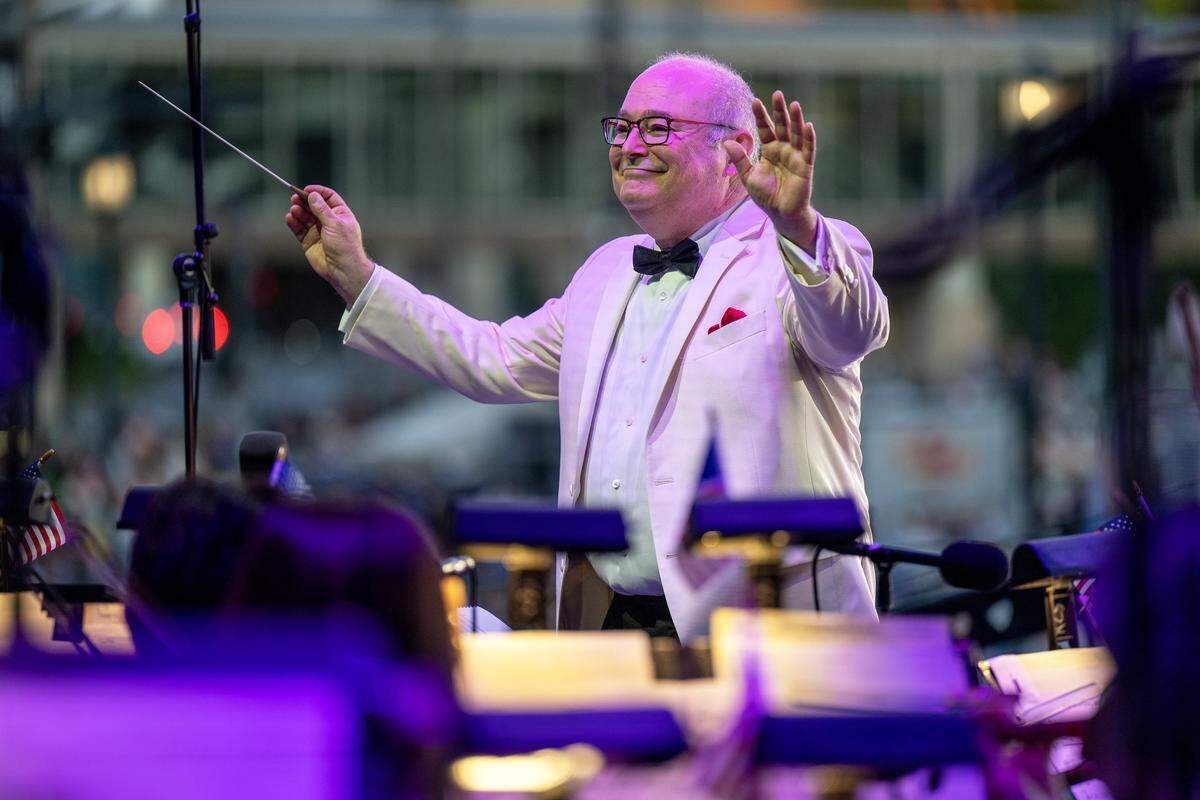 Guest conductor Stuart Chafetz leads the Kansas City Symphony during the annual Celebration at the Station concert on Sunday, May 24, 2026, at Union Station in Kansas City.