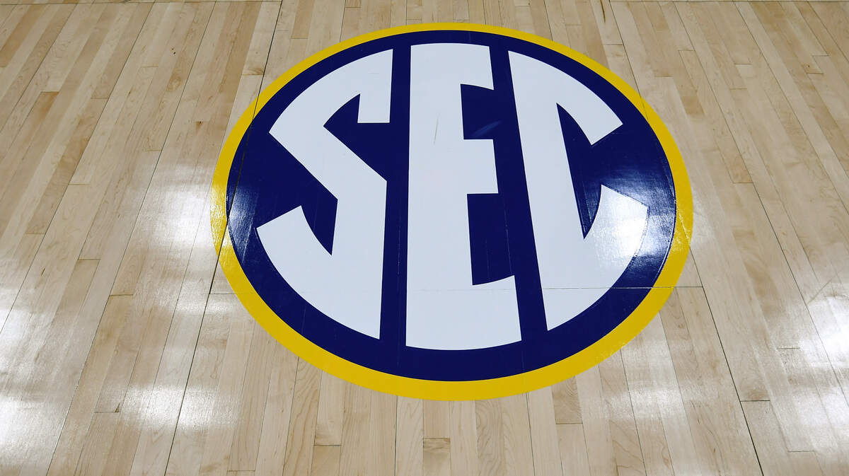 View of SEC logo on the court at Bridgestone Arena.