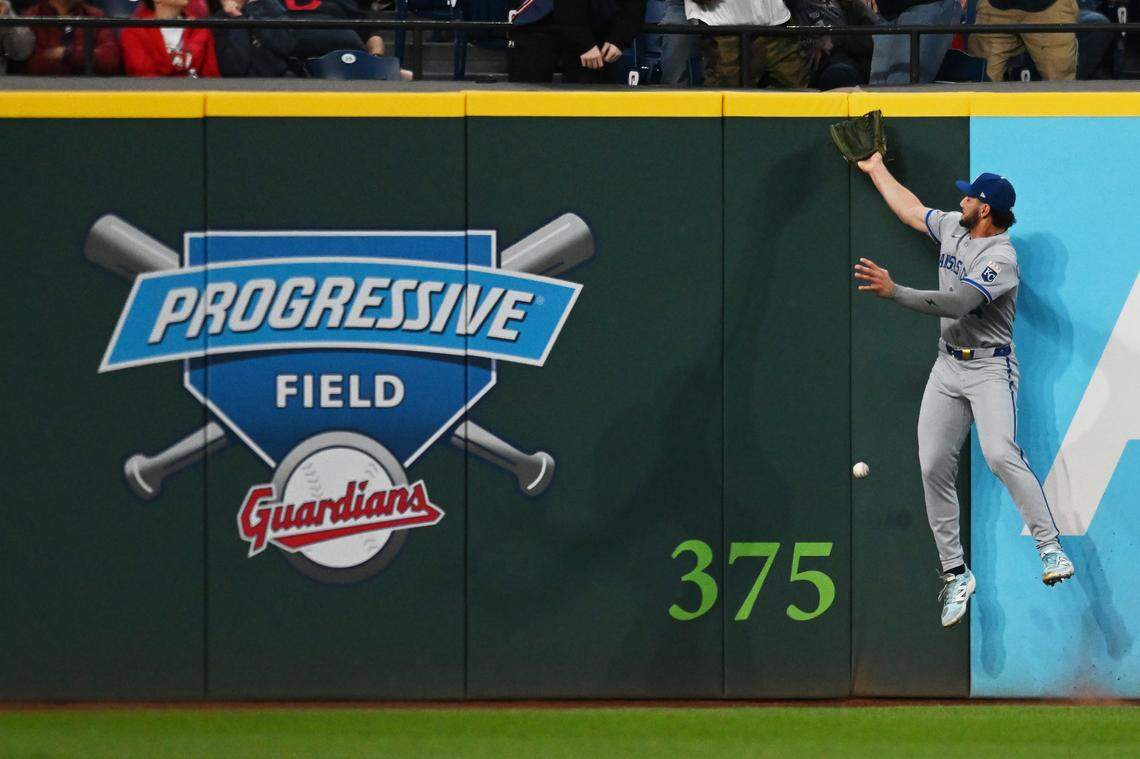Kansas City Royals right fielder Jac Caglianone leaps for, but can’t catch, an RBI double by Guardians center fielder Daniel Schneemann during a Major League Baseball game at Progressive Field in Cleveland on Monday, Sept. 8, 2025.