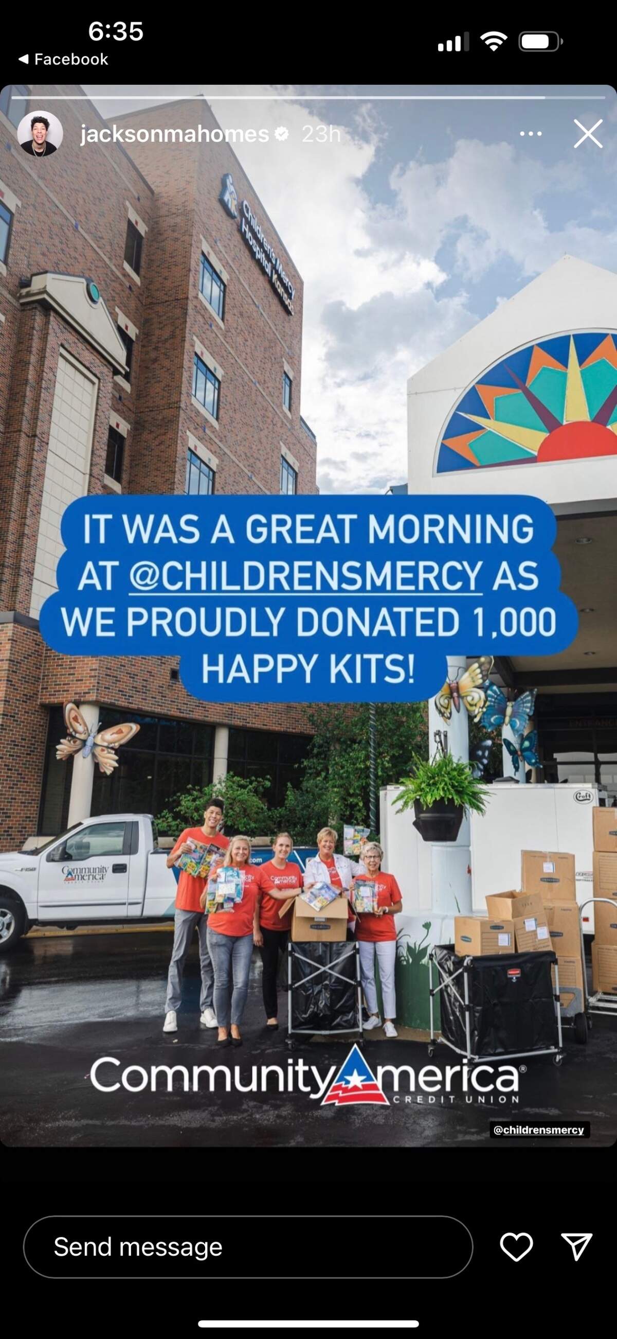 Jackson Mahomes posted a photo of himself helping CommunityAmerica representatives deliver “Happy Kits” to Children’s Mercy hospital this week. Posted to his Instagram stories, the photo disappeared after 24 hours.