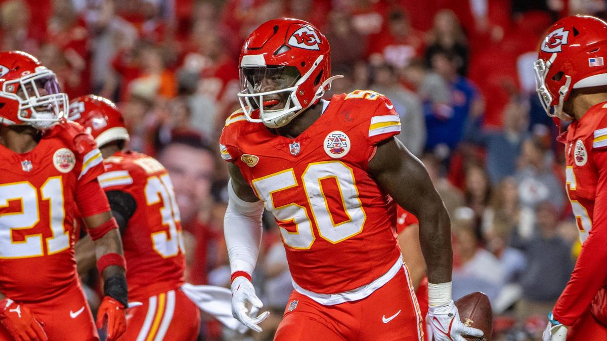 Kansas City Chiefs linebacker Willie Gay (50) celebrates an interception in the second half of an NFL football game against the Denver Broncos at GEHA Field at Arrowhead Stadium on Thursday, Oct. 12, 2023, in Kansas City.