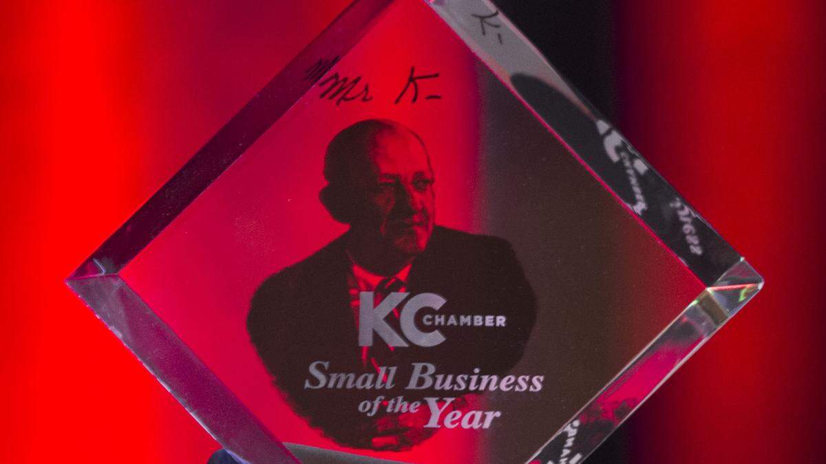 The Mr. K Award sat covered on a table during the Greater Kansas City Chamber of Commerce Small Business Celebration luncheon at the Westin Crown Center on in 2017.
