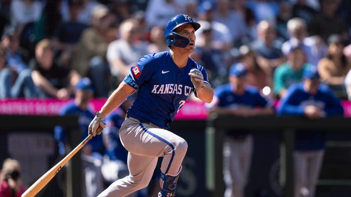 Kansas City Royals third baseman Adam Frazier (26) takes a swing during an at-bat against the Seattle Mariners at T-Mobile Park on May 15, 2024.