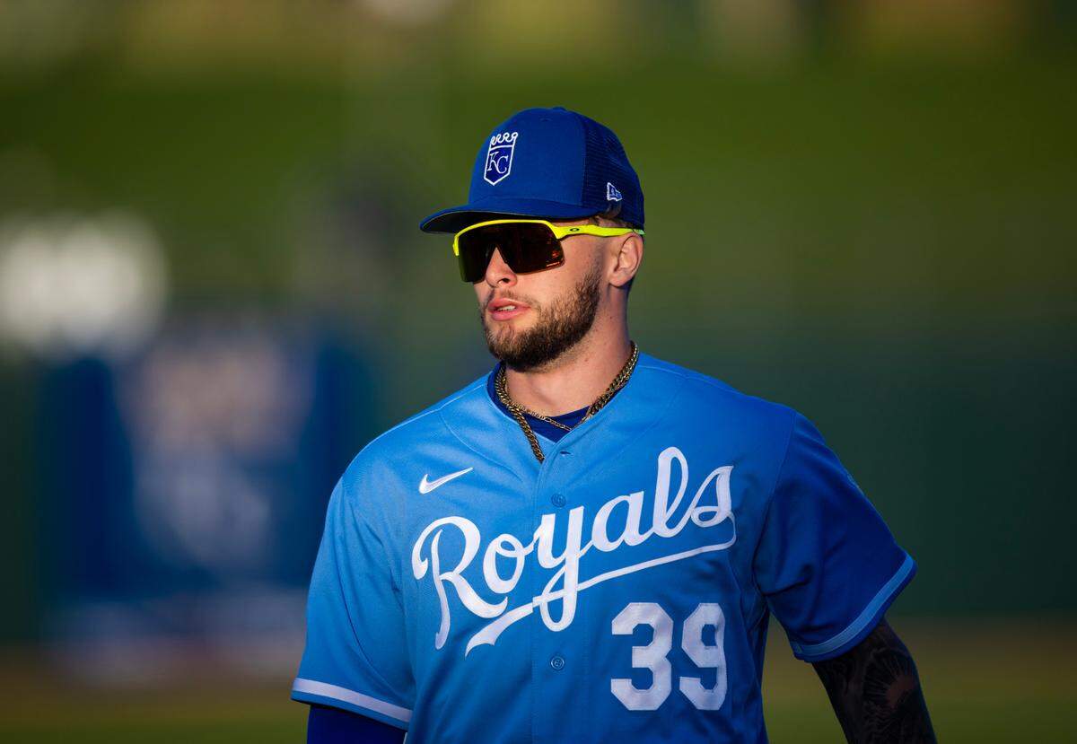 Kansas City Royals designated hitter Carter Jensen against the Los Angeles Dodgers during a spring training game at Surprise Stadium on March 4, 2023.