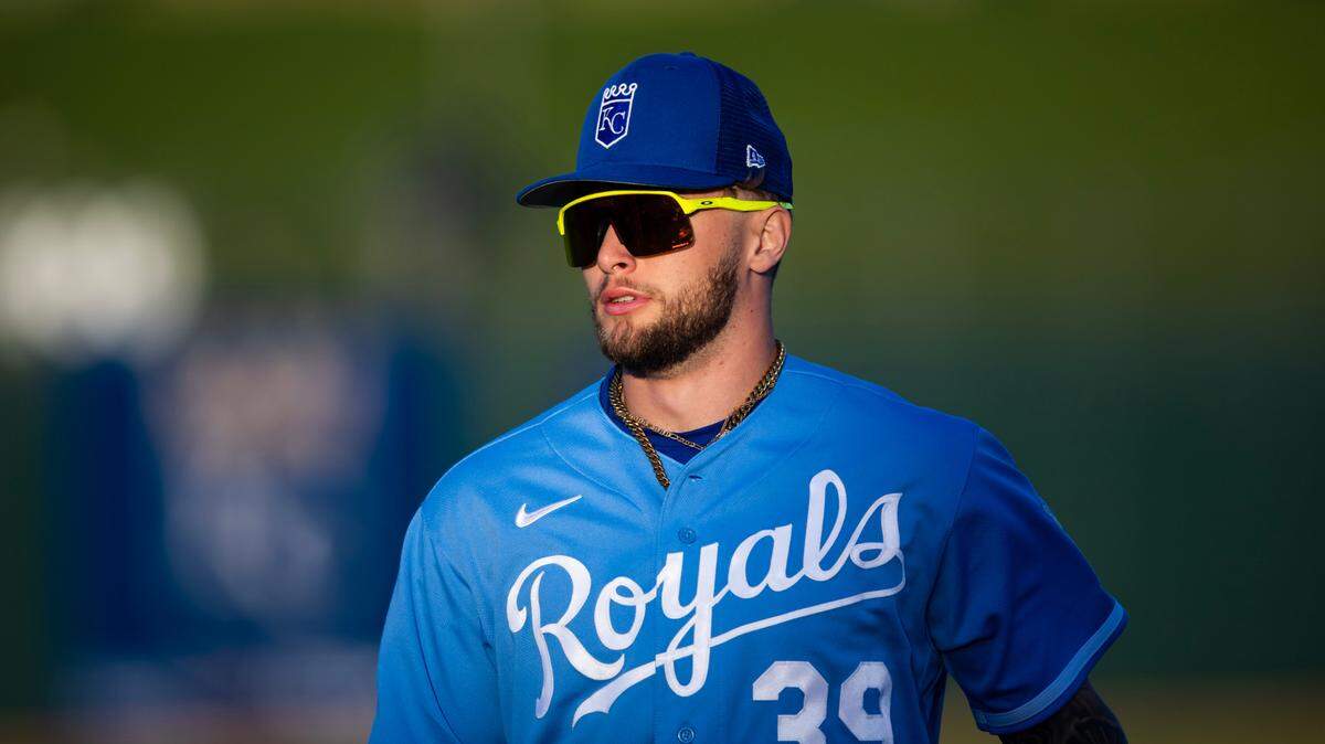 Kansas City Royals designated hitter Carter Jensen against the Los Angeles Dodgers during a spring training game at Surprise Stadium on March 4, 2023.