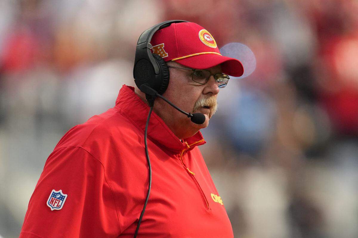 Kansas City Chiefs coach Andy Reid looks on against the Los Angeles Chargers in the second half at SoFi Stadium.